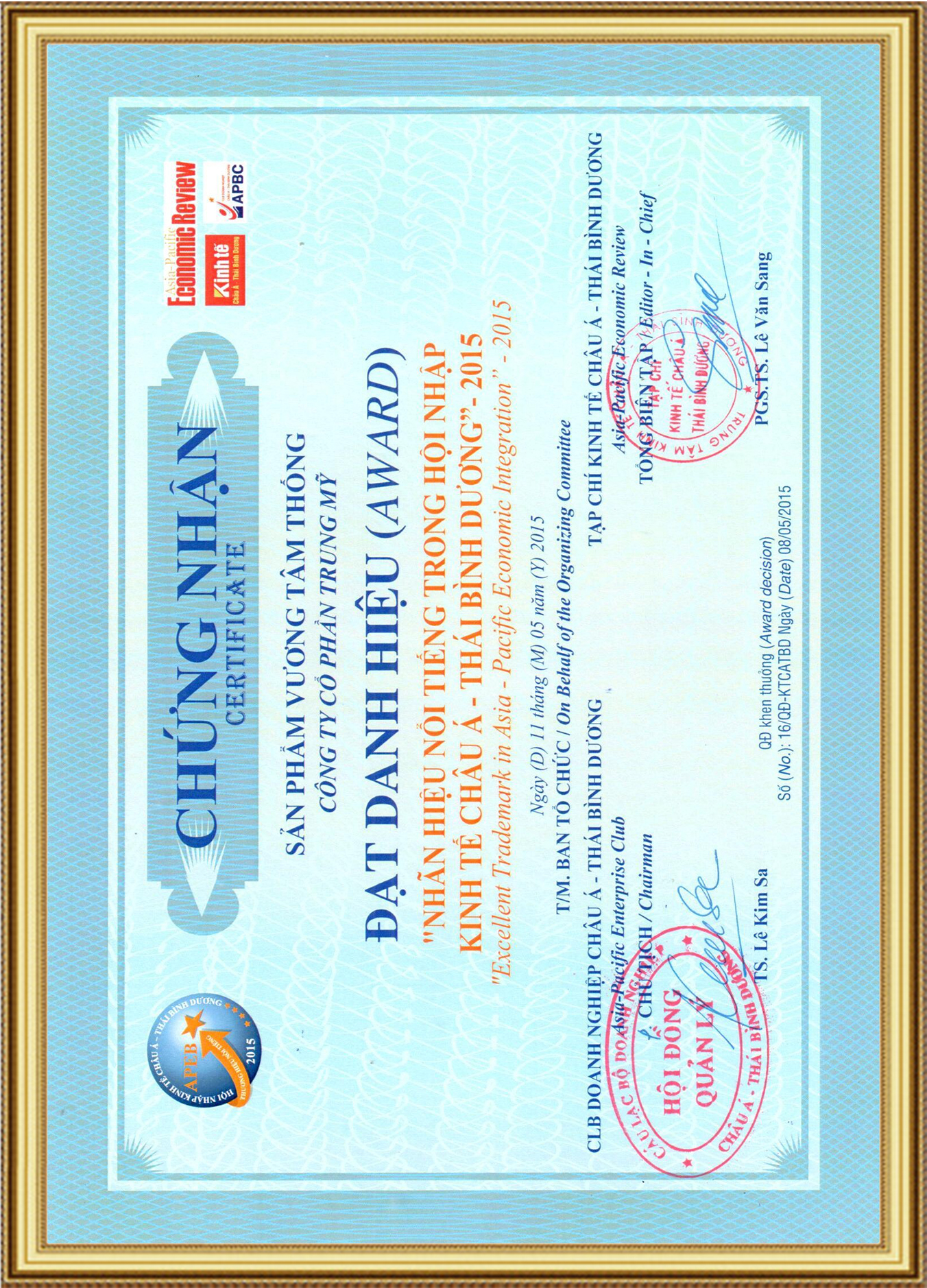 TPCN Vương Tâm Thống nhận giải thưởng “Nhãn hiệu nổi tiếng trong hội nhập kinh tế Châu Á - Thái Bình Dương”